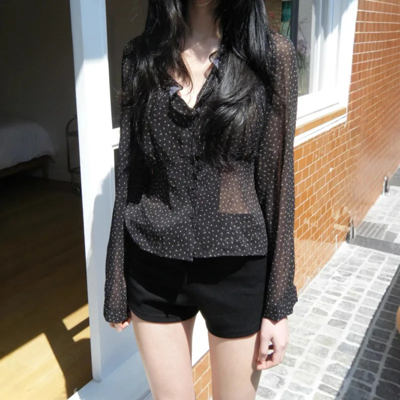 

Printing Semi Sheer Chiffon Lace V-Neck Long Sleeve Shirt Top For Women's INS Retro Early Autumn Elegant Comfortable Lightweight