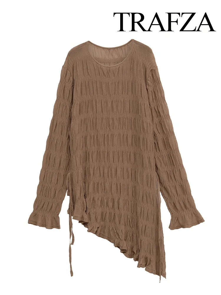 

HH Women 2025 Autumn Lace-up Crew Neck Long Sleeve Knitted Top Female Temperament Commuter Asymmetric Hem Pleated Casual Top