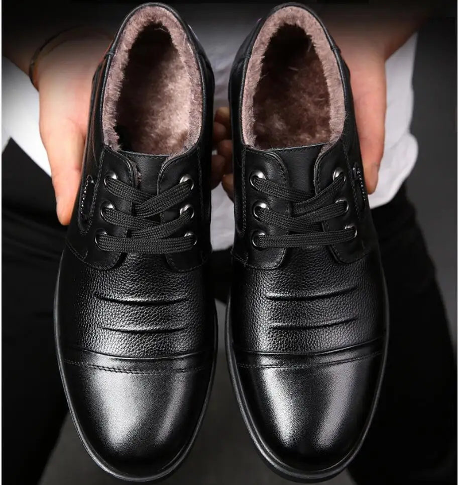 Autumn/Winter Men\'s Genuine Leather Shoes Warm Fur Casual Shoes Men All-match Lace Business Wedding Party Footwear Zapatos Hombr