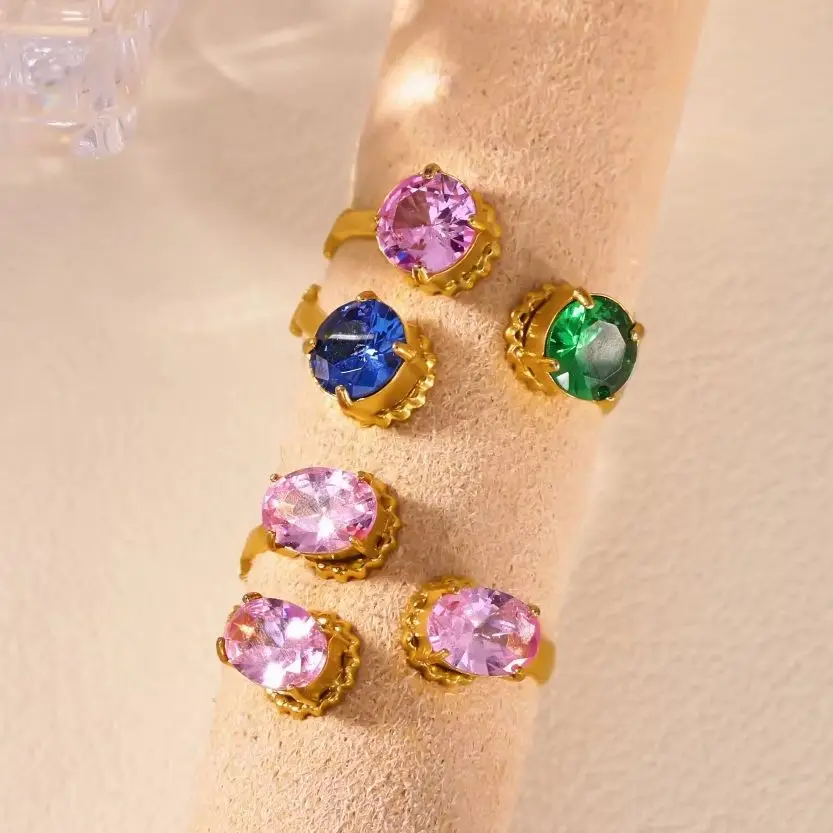 Fashion Blue Green Pink Zircon Rings for Women Gold Color ‌Stainless Steel Crystal Ring Party Wedding Birthday Jewelry Gift