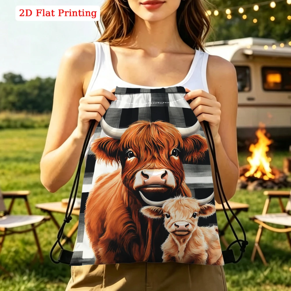 Highland Cow And Calf 2D Flat Print Drawstring Backpack for Fitness Sports Outdoor Travel