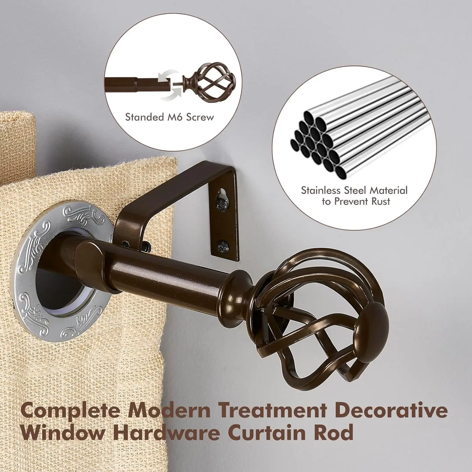 Brown 7/8 Inch Heavy Duty Telescoping Splicing Curtain Rods with Twisted Cage Finials are Applicable to Any Room Type for Window