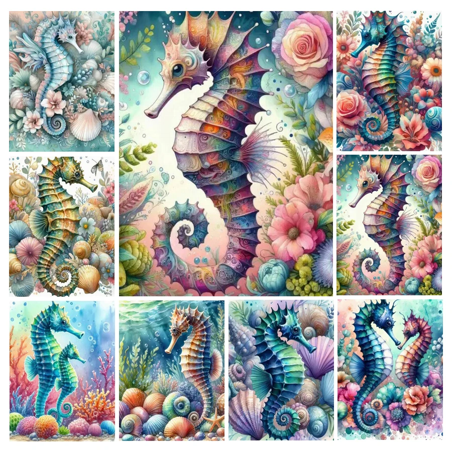 

FULLCANG Abstract Mosaic Art Seahorse Flower New Diamond Painting Picture Animals Full Rhinestone Embroidery Kits Wall Decor