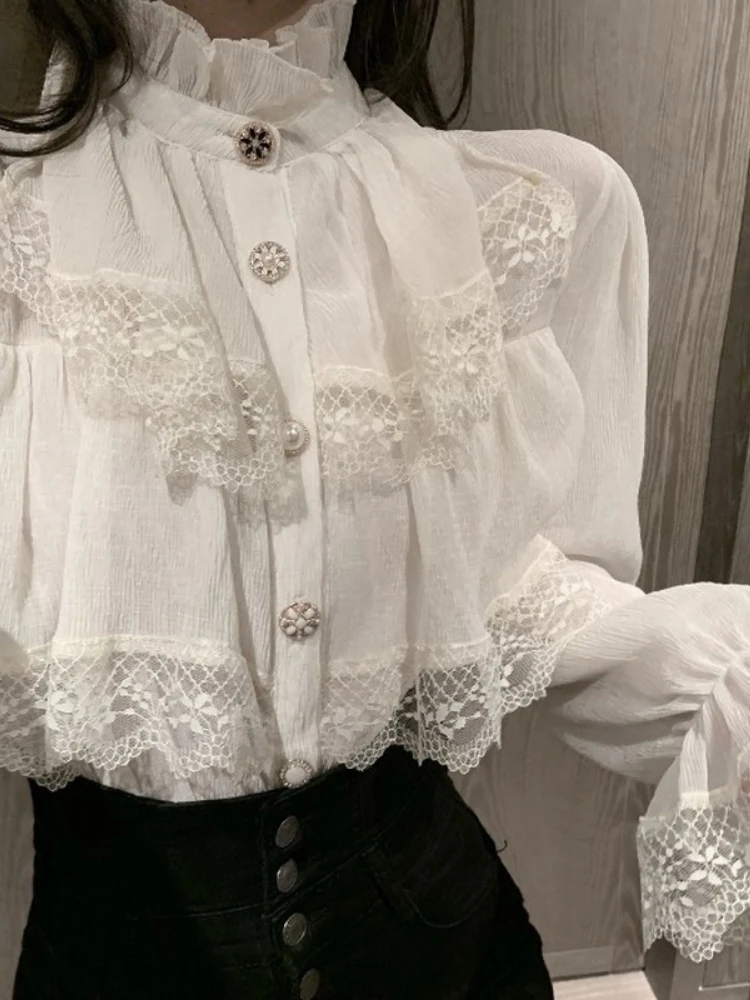 AltGoth Fashion White Blouse Women Blusas Stand Neck Chiffon Shirts Long Sleeve Ruffles Lace Blouses Vintage Elegant Femme Tops