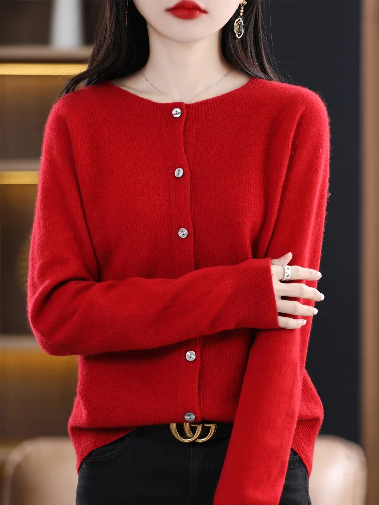 

Women 100% Merino Wool Cashmere Sweater O-Neck Cardigan Autumn Winter Basic Style Buttoned Knitwear Female Soft Fashion Top