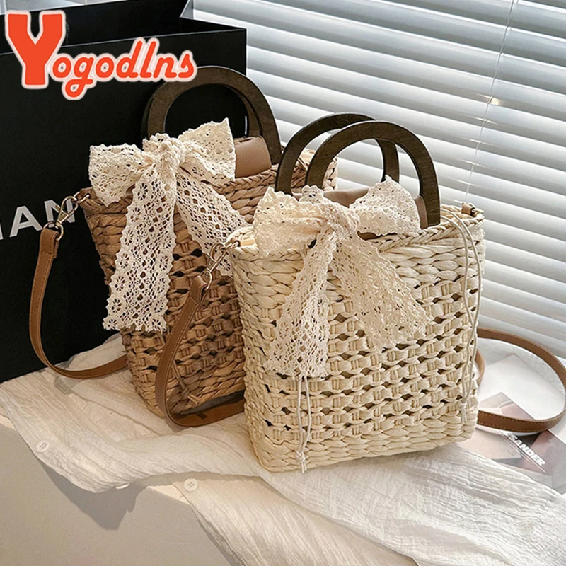 Strohs ack Frauen hand gewebte Handtasche kleine quadratische Tasche Form Spitze Bogen Rattan Kapazität lässig Strand Schulter Umhängetasche