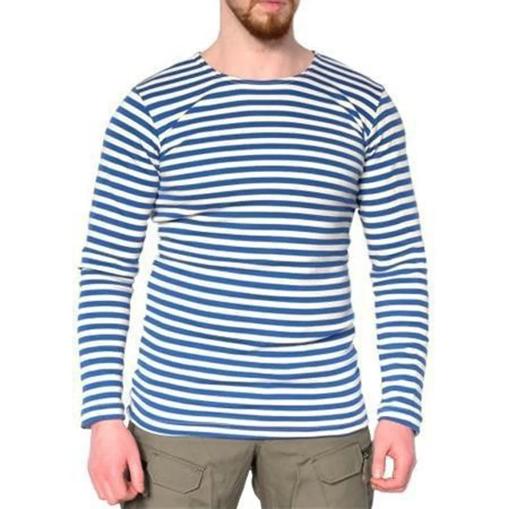 Men Navy Sailor Style Striped T-shirts Long Sleeve Round Neck Tops Base Layer