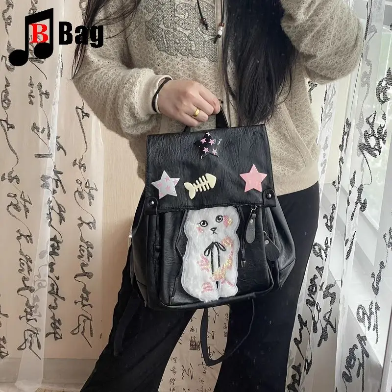 Y2K Gothic Women Girls Punk Handbags HarajukuLittle Cat Star Soft Leather Large Capacity Casual Academy Style Backpack Bag Totes