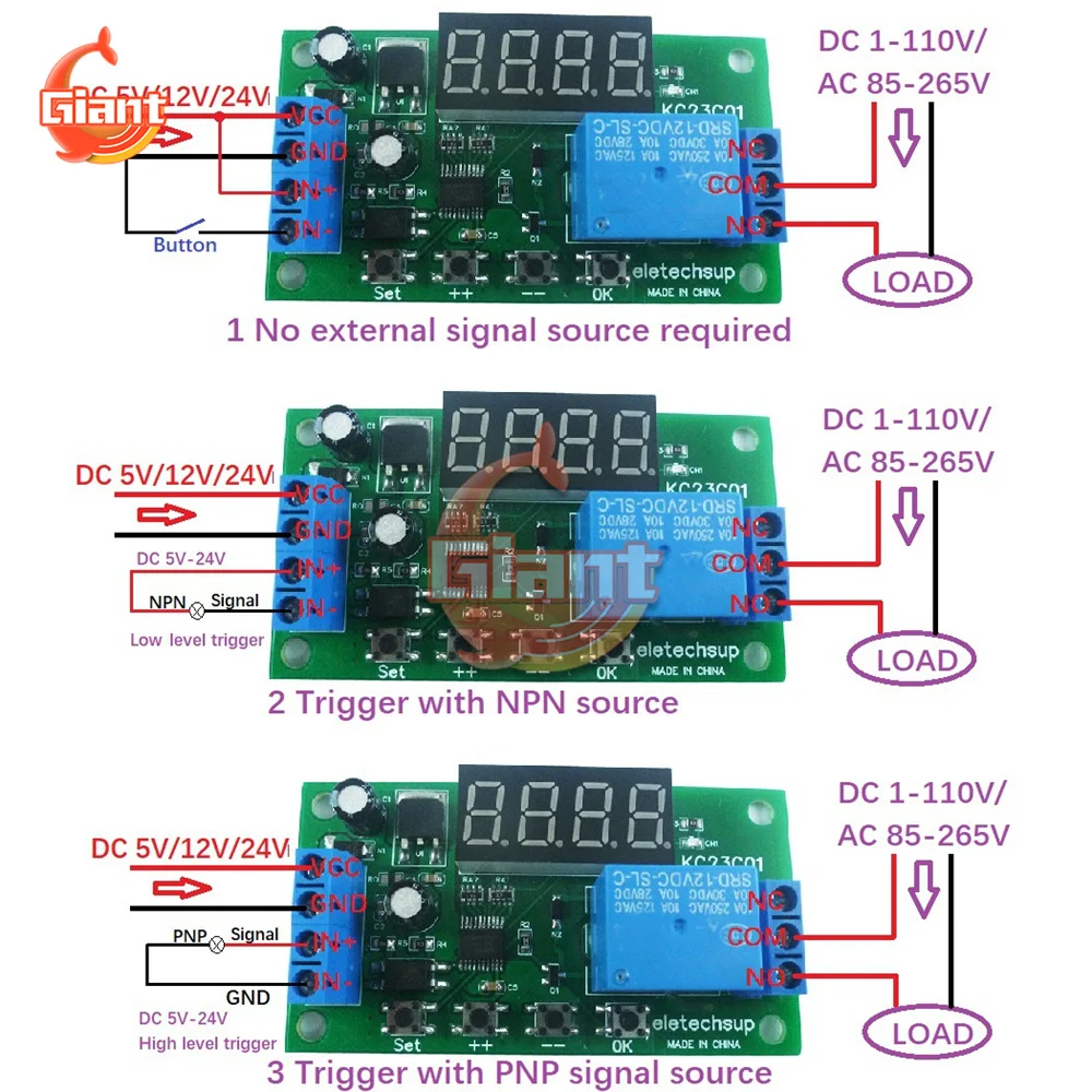 Delay Relay Board 1-Channel Multi-function Pulse Counter Switch Adjustable Timer Delay On/Off Relay Module DC 5V 12V 24V