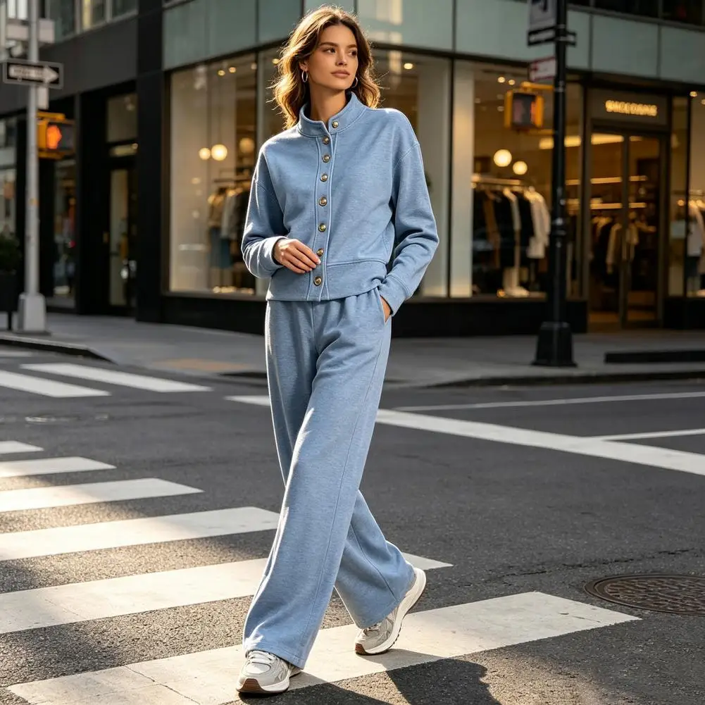 Cropped Top Trouser Set Women Solid Cardigan Set Stand Collar Single Metal Button Short Sweater High Draped Wide Leg Pants Loose