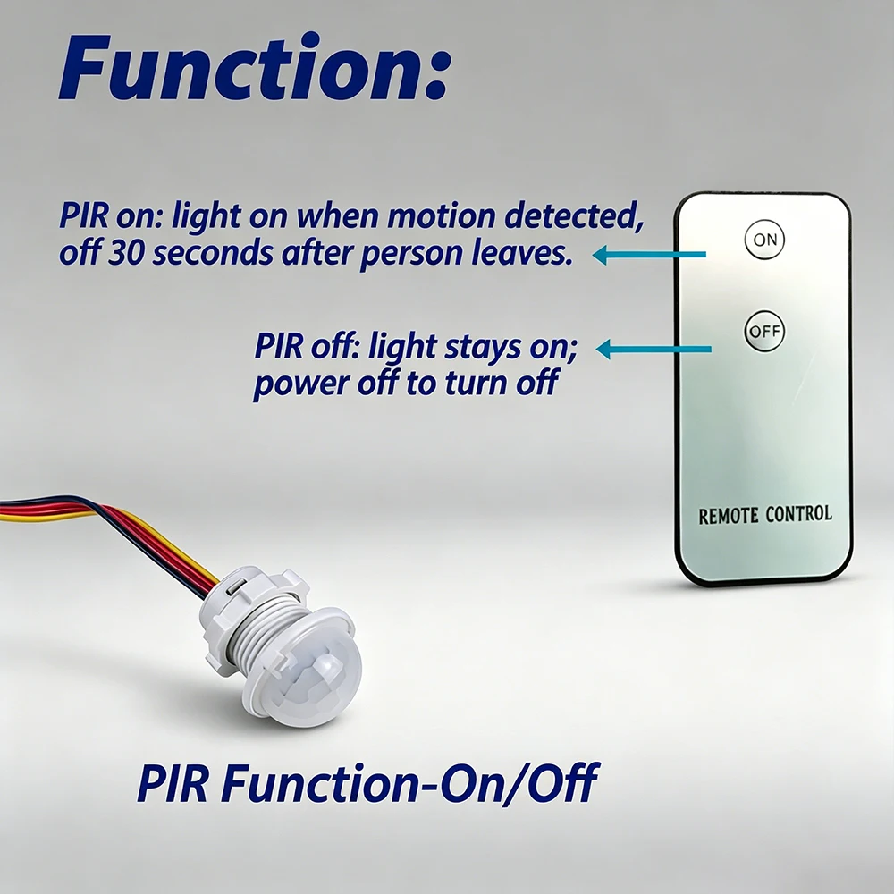 12V Automatic PIR Motion Sensor Switch for Bedroom Hallway Closet,Remote Control&Induction Function,Delay Off LED Light Switch