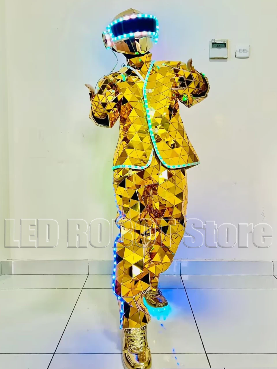 Hand Sewn Mirror Man Show Suit Stage Dress Performance Halloween Glass Mask Glass Helmet Cosplay Christmas Costume Gold Silver