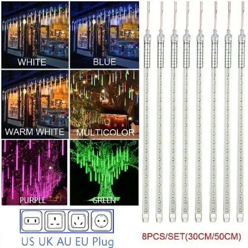 30cm /50cm Waterproof Meteor Shower Rain 8 Tube LED String Lights For Outdoor Holiday Christmas Decoration Tree EU/US/AU/UK Plug