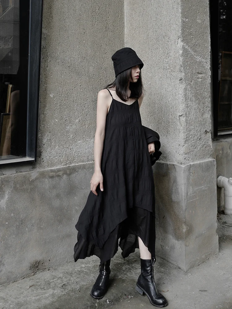 

UMI MAO Ins Harajuku Yamamoto Dark Loose Suspender Skirt Niche Folds Irregular Large Swing Mourning World-weary Dress Y2K