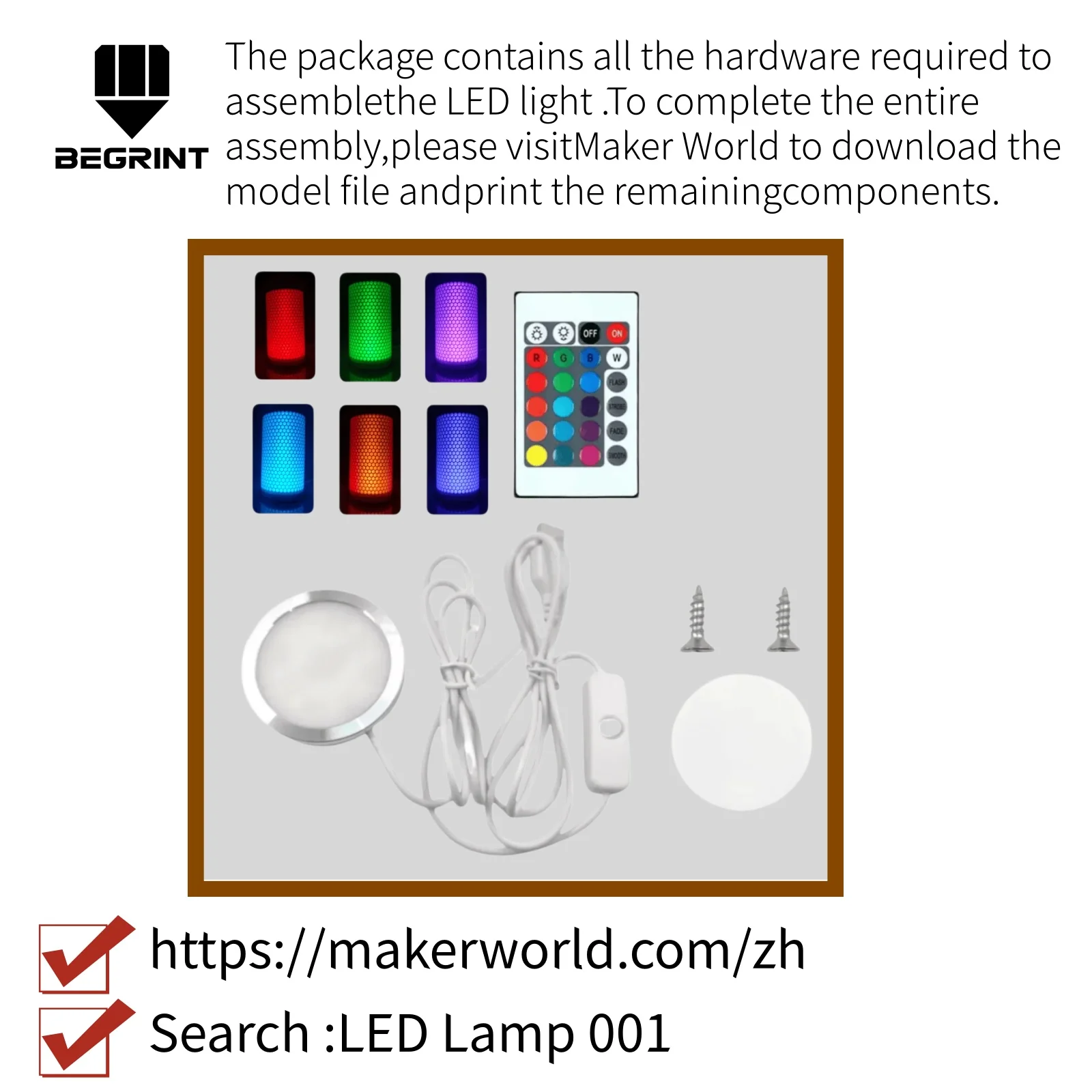 001 Model LED Light Hardware Kit For Bambu Lab 3D Printer, DIY Ambient LED Lamp Accessory Set, Assembly Parts Without 3D Parts