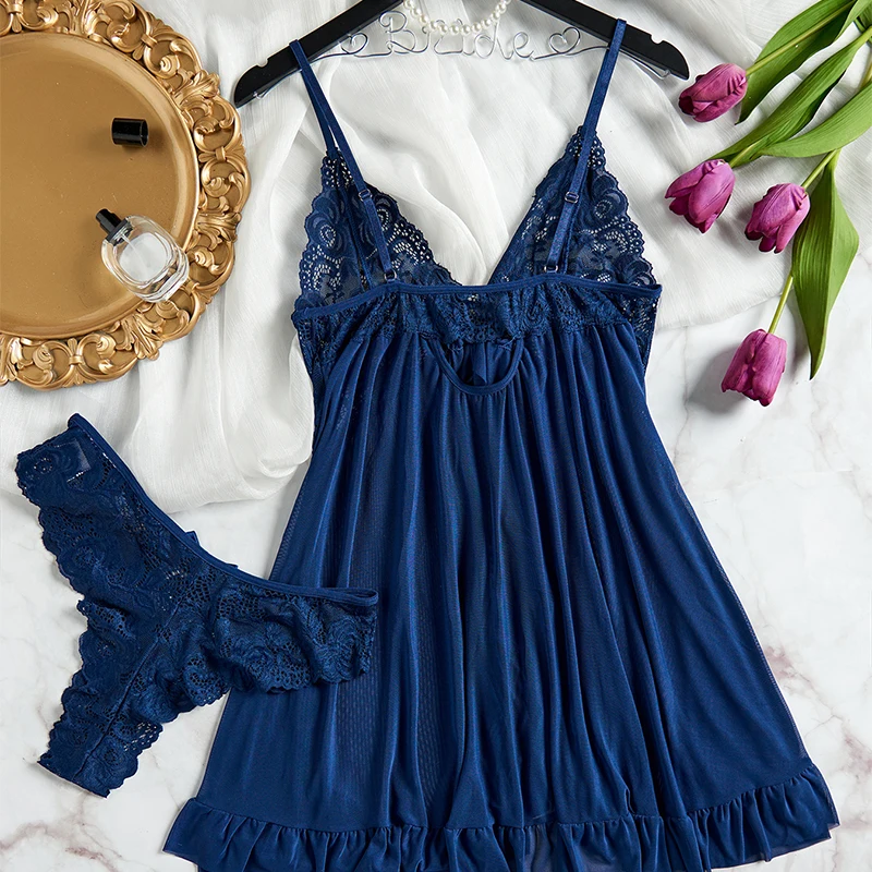 Transparent Lace Women Sling Nightgown Underpants Set