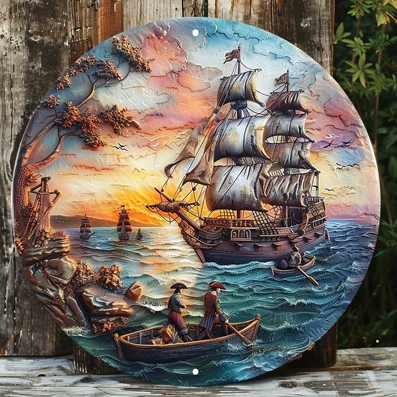 Pirate Ship Ocean Sunset Aluminum Metal Sign, Round Waterproof Art Decor, HD Printed, Pre-drilled Door Hanger, Wall Sign