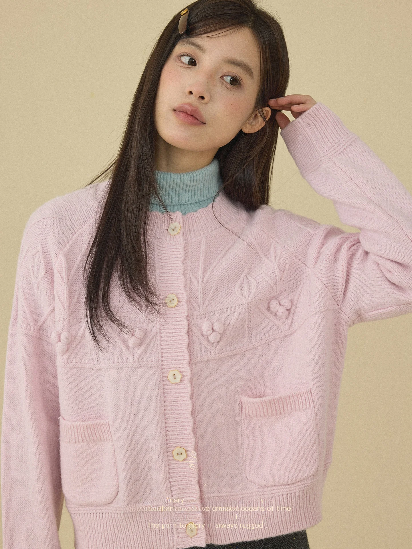 

Handmade Knitted round Ne Sweater French Sle Soft Wool Blend Long Sve ort Coat Button Front Casual Wear for Women