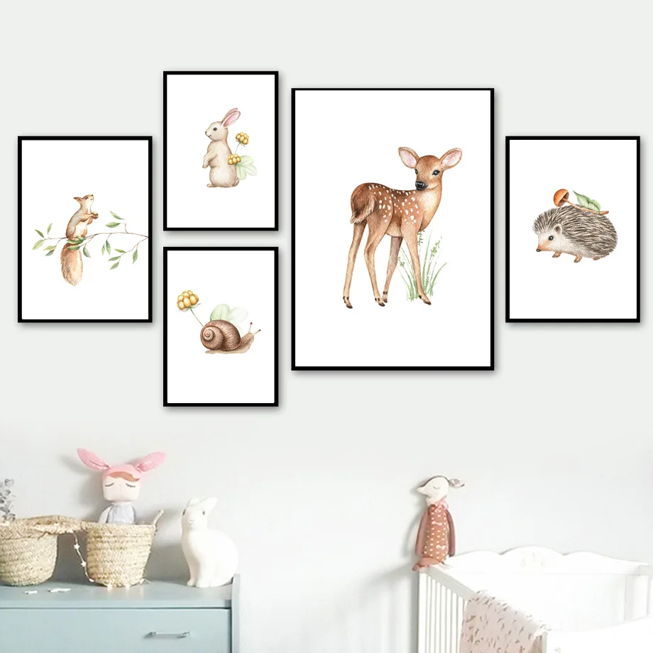 1pc frameless Canvas Painting Watercolor Woodland Animal Wall Art Cute Baby Deer Squirrel Bunny Hedgehog Snail Nursery Prints Ca