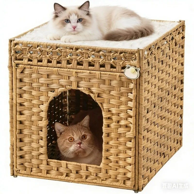 

Multifunctional Woven Cat Bed Cat Litter Box Four Seasons Universal Large Space Home Floor Standing Pet Nest Semi-Closed