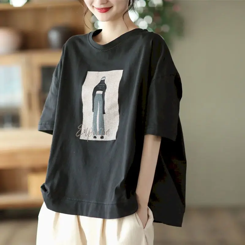 100% Cotton Loose T Shirt Women Fashion Retro Cartoon Print T-shirt Oversized Pullover Casual Short Sleeves TShirts Summer 2024