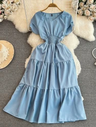 French Pleated Long Dress Women Summer Solid Double Layered Sleeve V-neck Casual Dresses Ladies Summer Casual Long Robe Vestidos