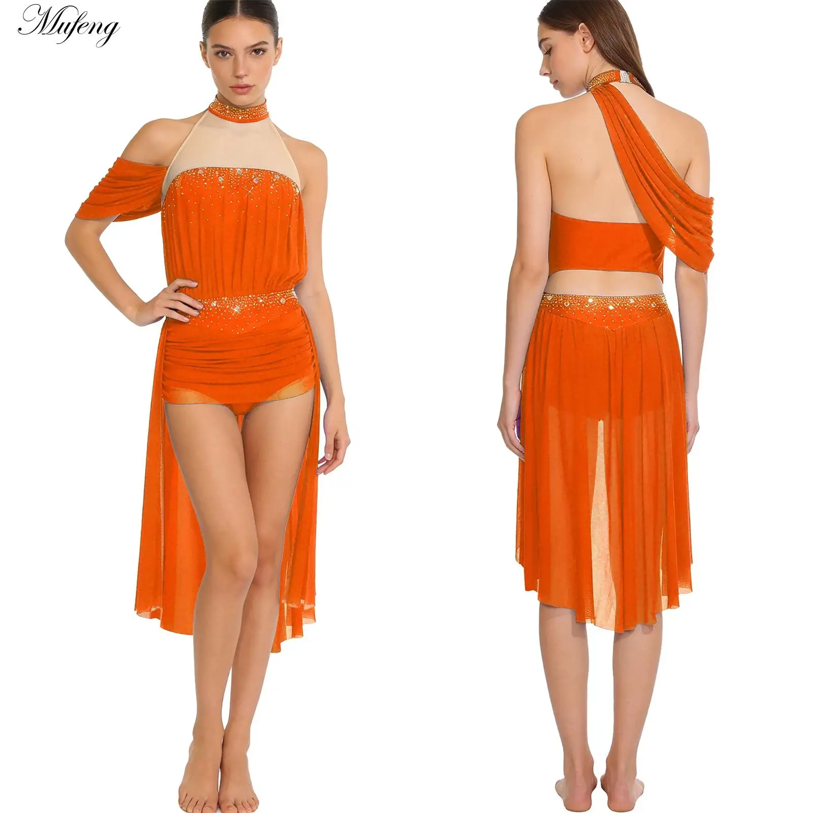 女性バレエレオタードドレス叙情的なジャズラテンダンス衣装ラインストーンシャーリングメッシュドレス体操レオタードステージダンスウェア