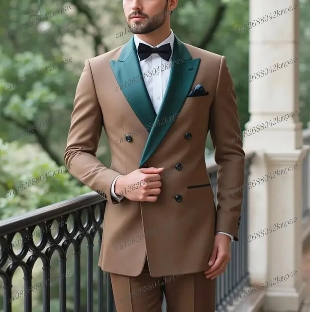 

New Green Collar Brown Men Formal Tuxedos Groom Groomsman Wedding Party Prom Male Business Suit 2 Piece Set Blazer Pants