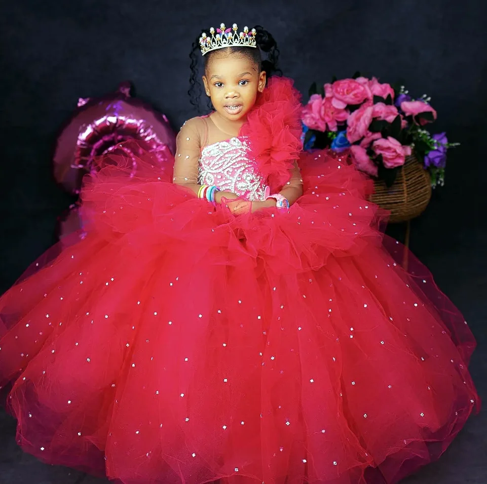 

2024 Red Crystals Flower Girl Dresses Ball Gown Tulle Sheer Neck Vintage Little Girl Christmas Pageant Birthday Party Gowns