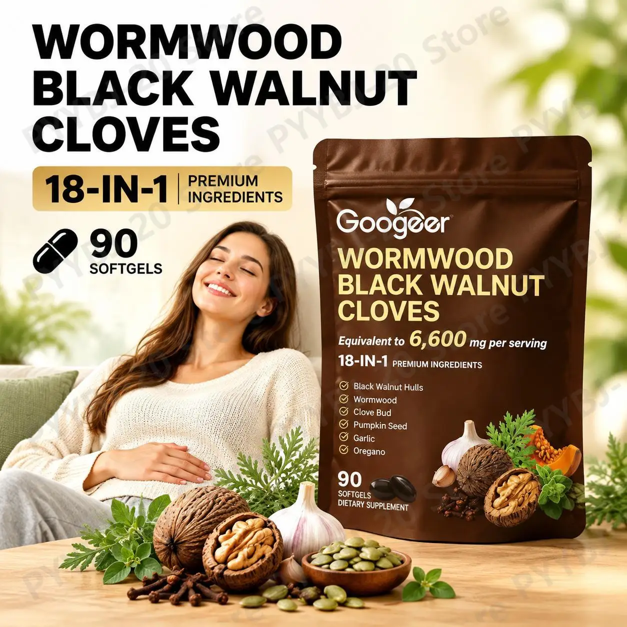 Googeer Wormwood Black Walnut Cloves Softgels with Clove Bud and Garlic for Tired Feeling and Gastro Comfort 90 Softgels
