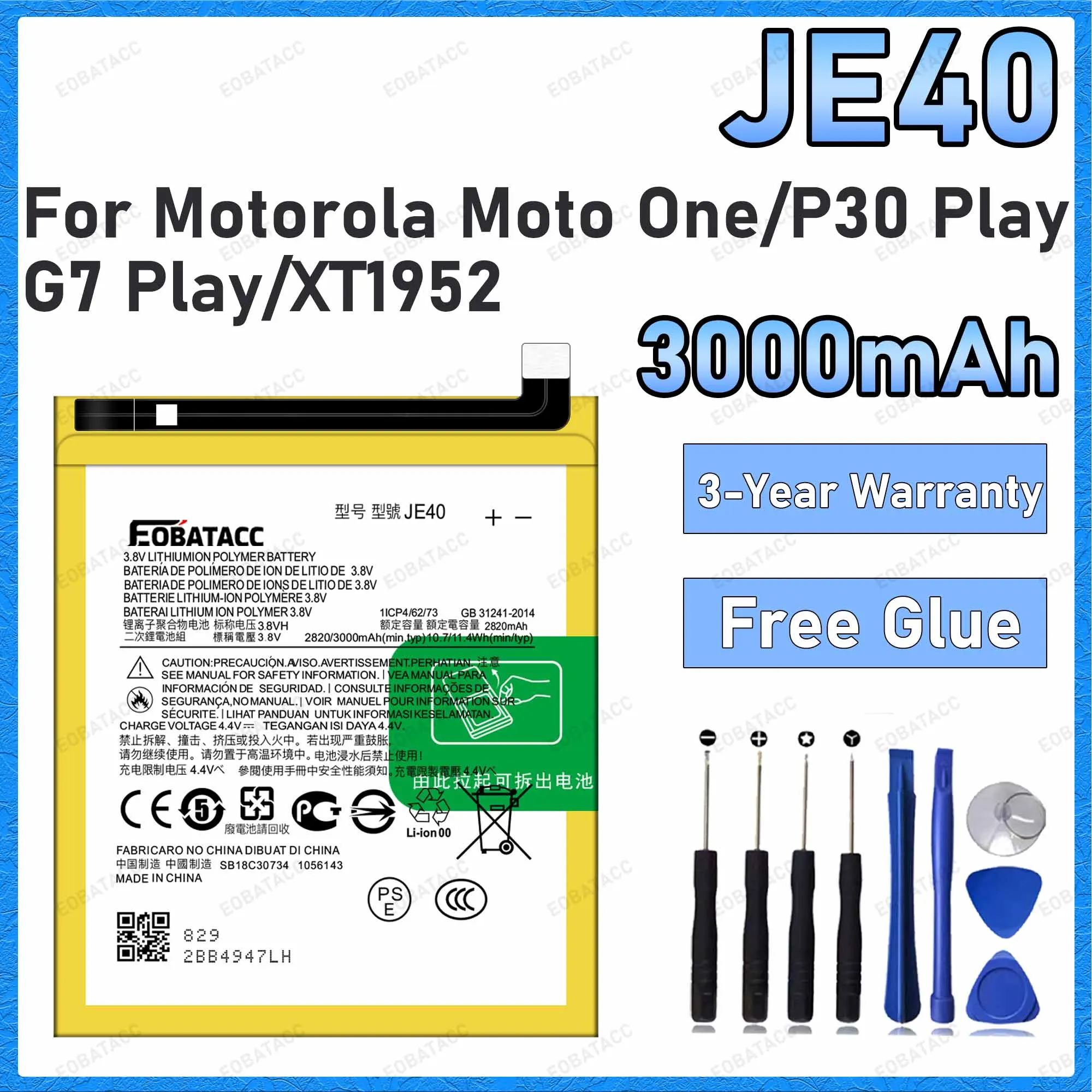 100% New High Quality 3000mAh JE40 Battery For Motorola Moto One/P30 Play/G7 Play/XT1952 Batteries+Free Tools
