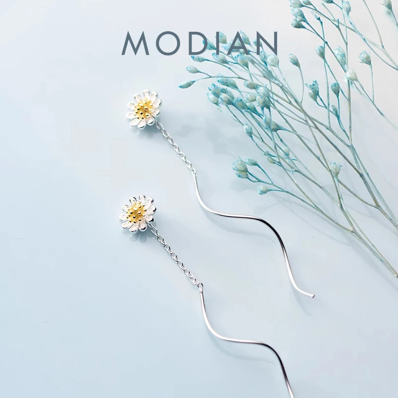 Modian nowy przyjeżdża prawdziwe 925 Sterling Silver roślin złoty kolor Daisy spadek kolczyki moda dynda ucha dla kobiet biżuterii prezent