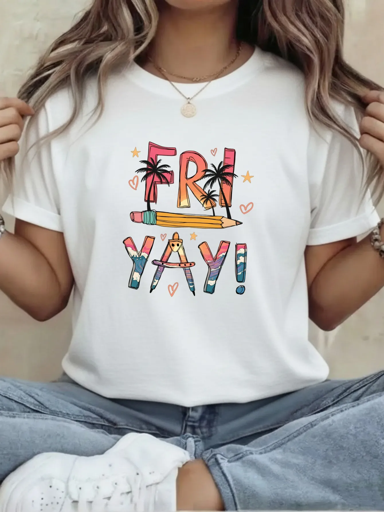 Women Fashion Tee Sports Fitness Leisure Travel Campus Life Letter FRI Palms 2000s Y2k Clothes Short Sleeve Casual Aesthetic Tee