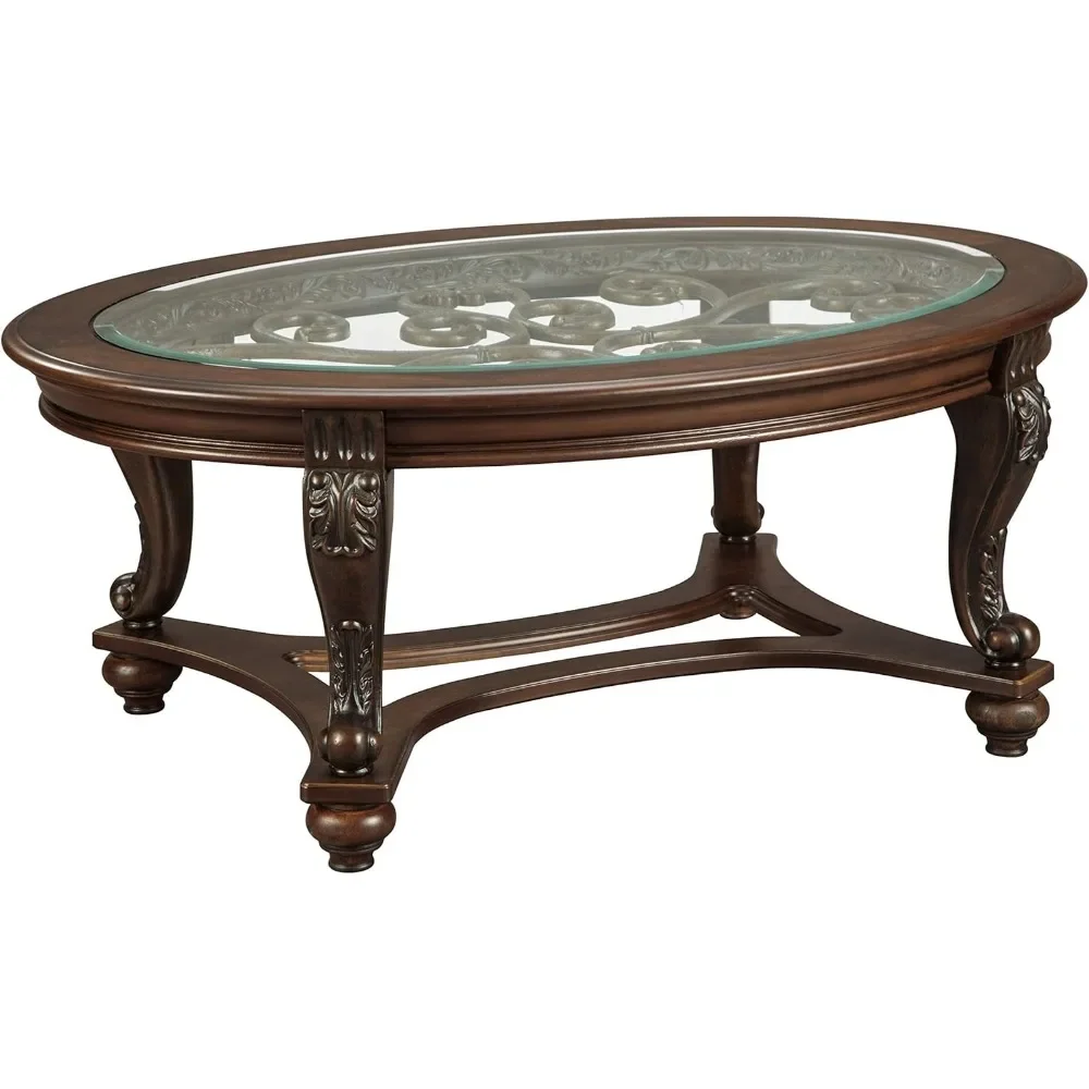 Vintage oval coffee table with beveled glass top and rolling legs, 34 L x 48 W x 20.25 H inches, dark brown