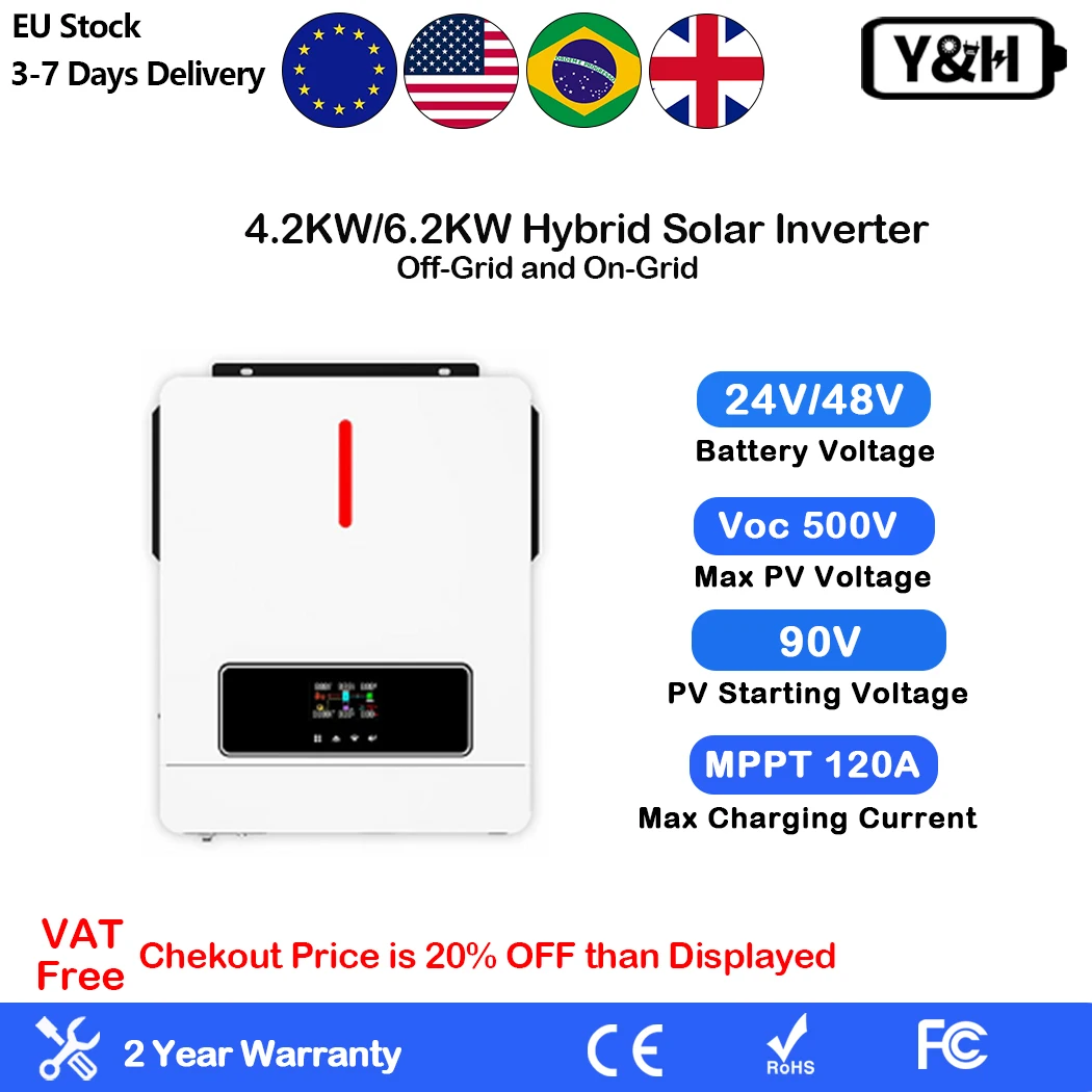 Y&H 4.2KW 6.2KW Hybrid Solar Inverter 24V 48V MPPT 120A Solar Charger 230V Dual output Max Pv 500Vdc Pure Sine Wave Inverter