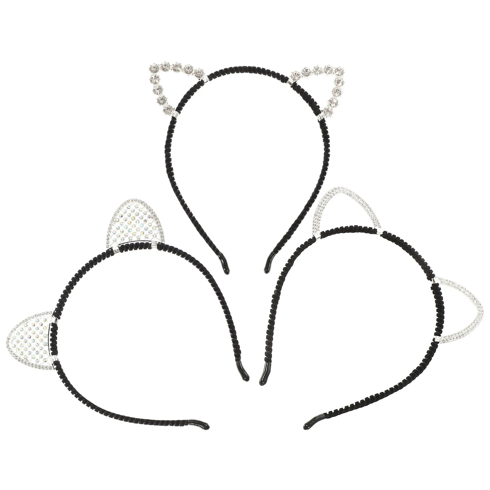 3Pcs Cat Ear Headpiece Rhinestone Inlaid Fine Workmanship Practicality Halloween Cosplay Decoration Accessory for Adults