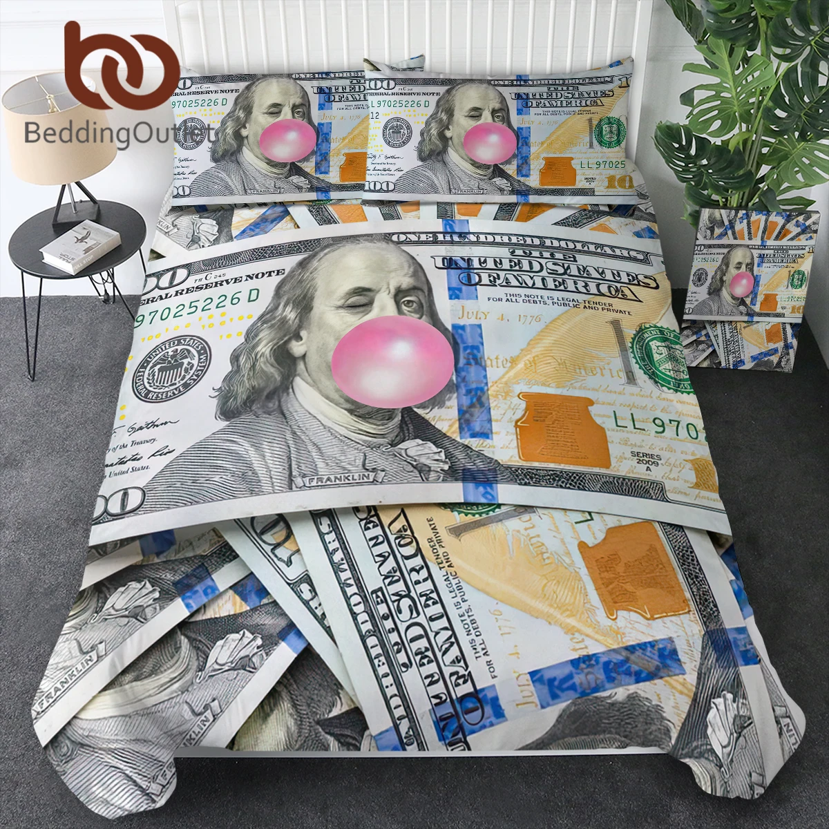 BeddingOutlet 3PCS Luxury Funny Dollar Duvet Cover Set Wink Pink Bubble Gum Money Bill Bedding Set For Kids Adults Bedroom Decor