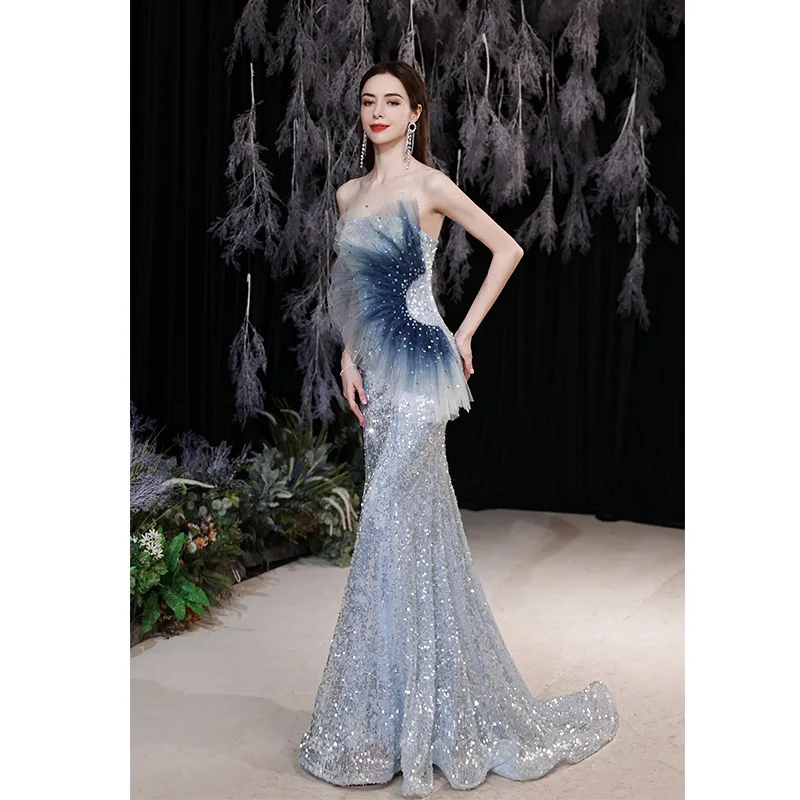 Blue Gradient Evening Dress 2024 Spring Art Exam Model Fashion Show Banquet Fishtail