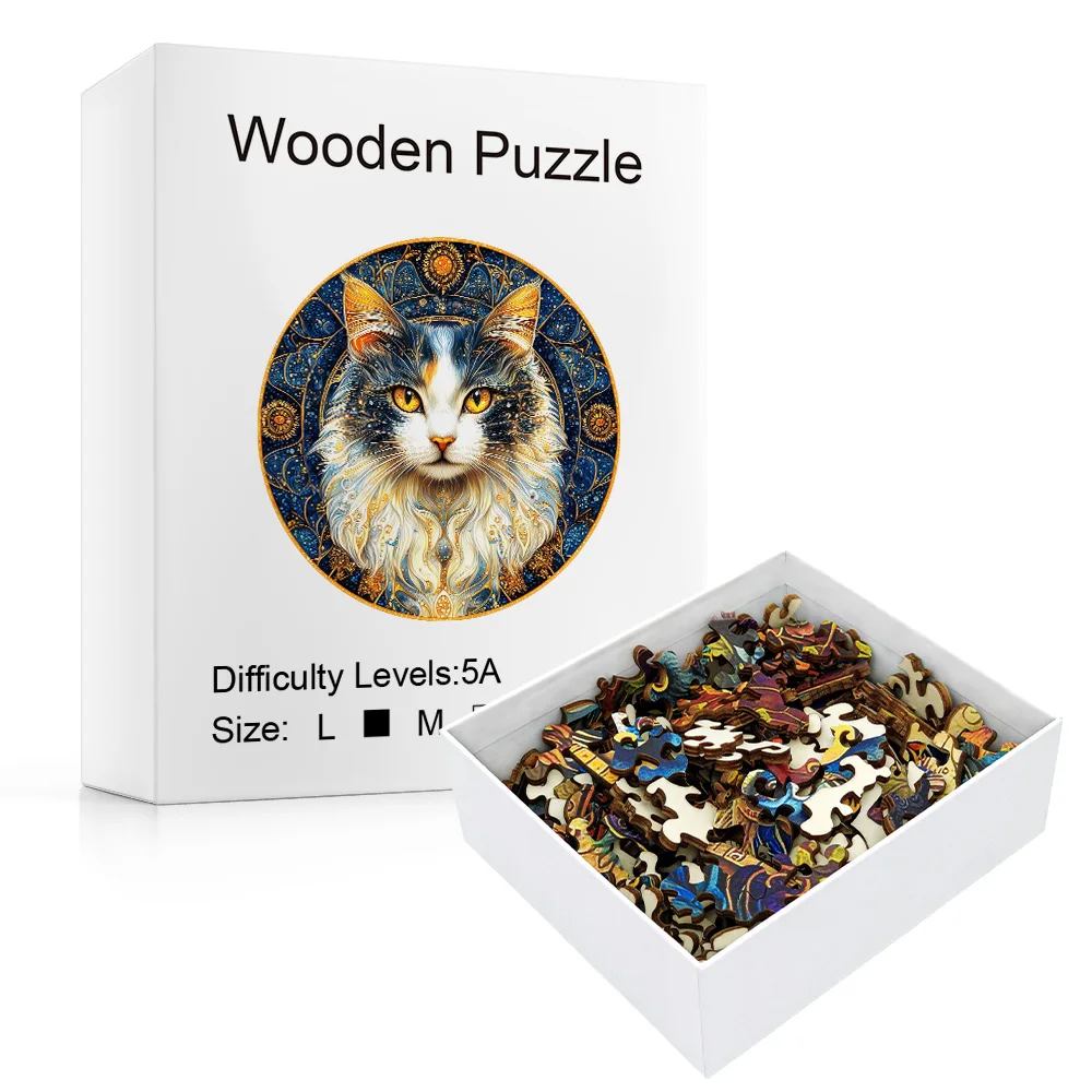 Round Vintage Mandala Cat Wooden Puzzle, Luxe Golden Pattern Background, Whimsical Pieces, Ideal For Home Decor & Birthday Gift