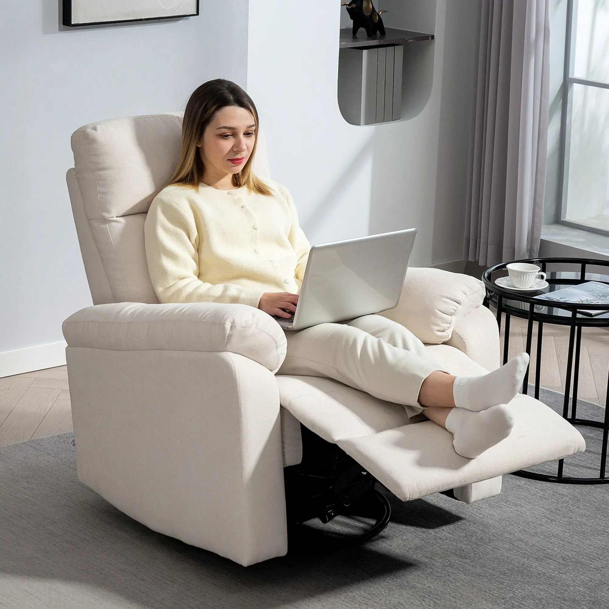 Cream single sofa recliner wide rotating rocker with pocket spring