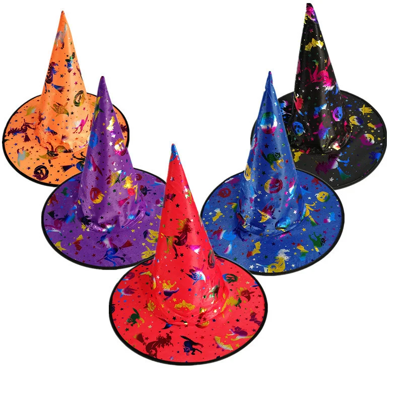 1pcs Halloween Witch Hats Adult Kids Colorful Witch Hat Masquerade Ribbon Wizard Cap Halloween Party Decorations Cosplay Props