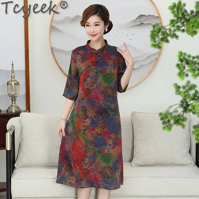 Tcyeek 100% Real Mulberry Silk Womens Dresses Spring Summer Midi Dress Elegant Dresses for Women Clothes Loose Fit Vestidos 2024