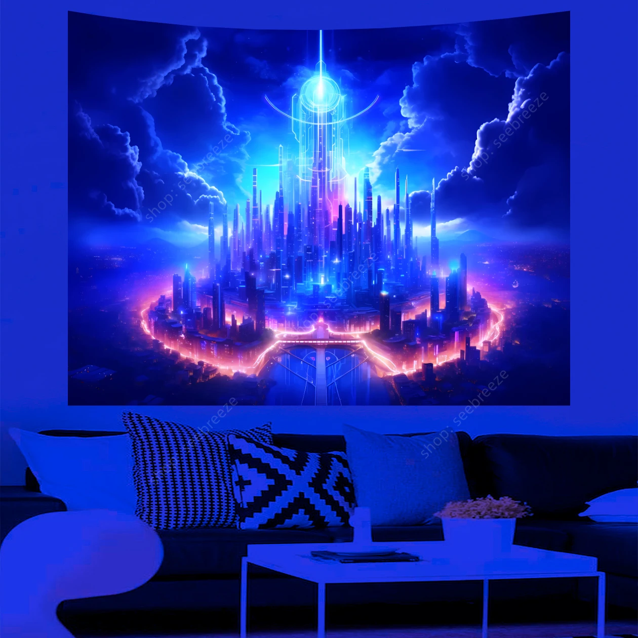 Futuristic City of Atlantis UV Reactive Tapestry, Psychedelic  Neon Backdrop Tapestry Wall Hanging,Party Decor,Home Sofa Blanket