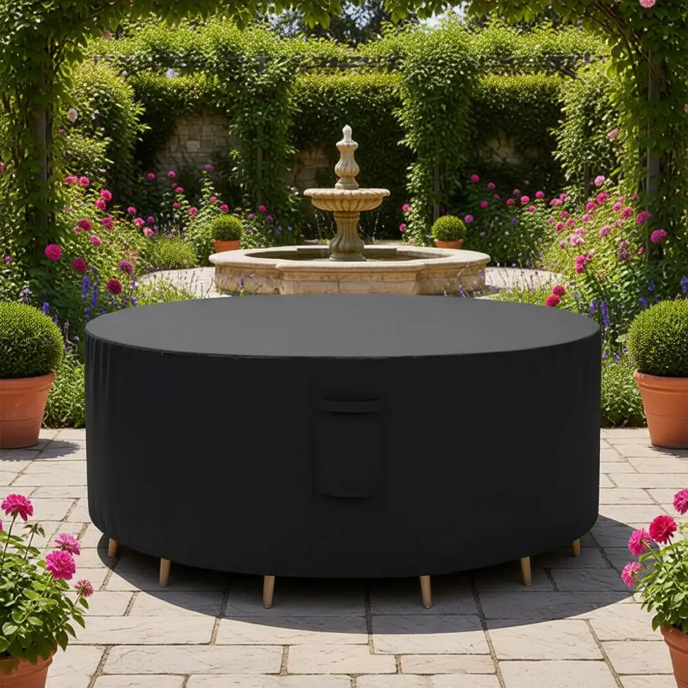 

Чехол для всепогодного уличного обеденного гарнитура - устойчивый к УФ-излучению, диаметр 84 дюйма x высота 28 дюймов, черный