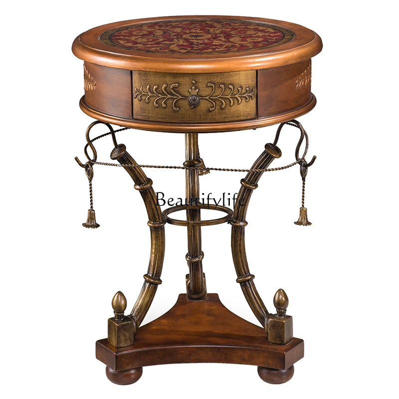 

European and American Style Sofa Side Table Living Room Vintage Iron Art Glass Painted Small Coffee Table