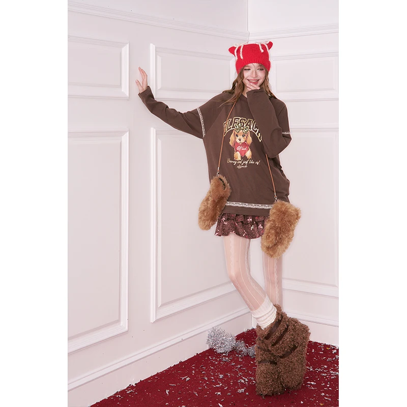 ELFSACK Y2K Casual Loose Puppy Letter Graphic Lace Long Sleeve Tshirt For Women