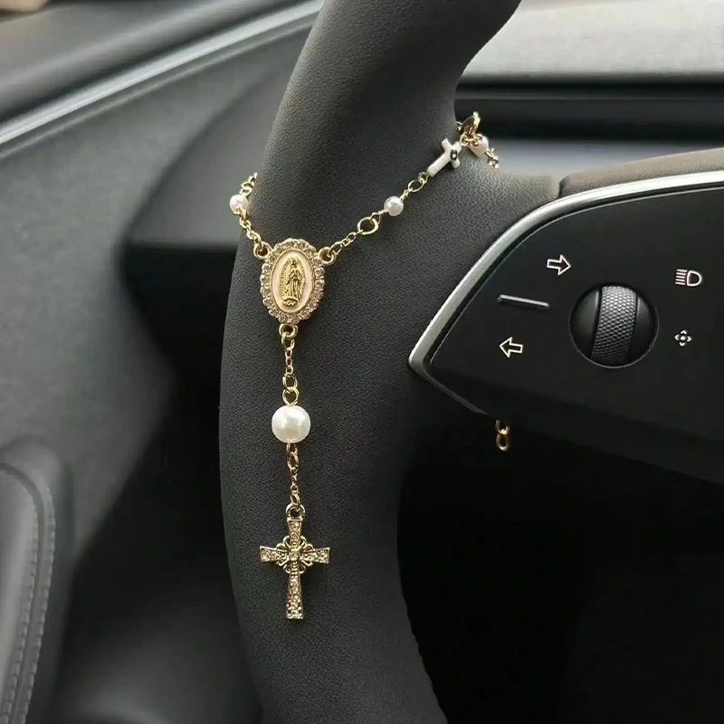 Steering Wheel Rosary Ornament Beaded Pendant Car Interior Decor Evil Eye Virgin Mary Religious Fashion Accessory