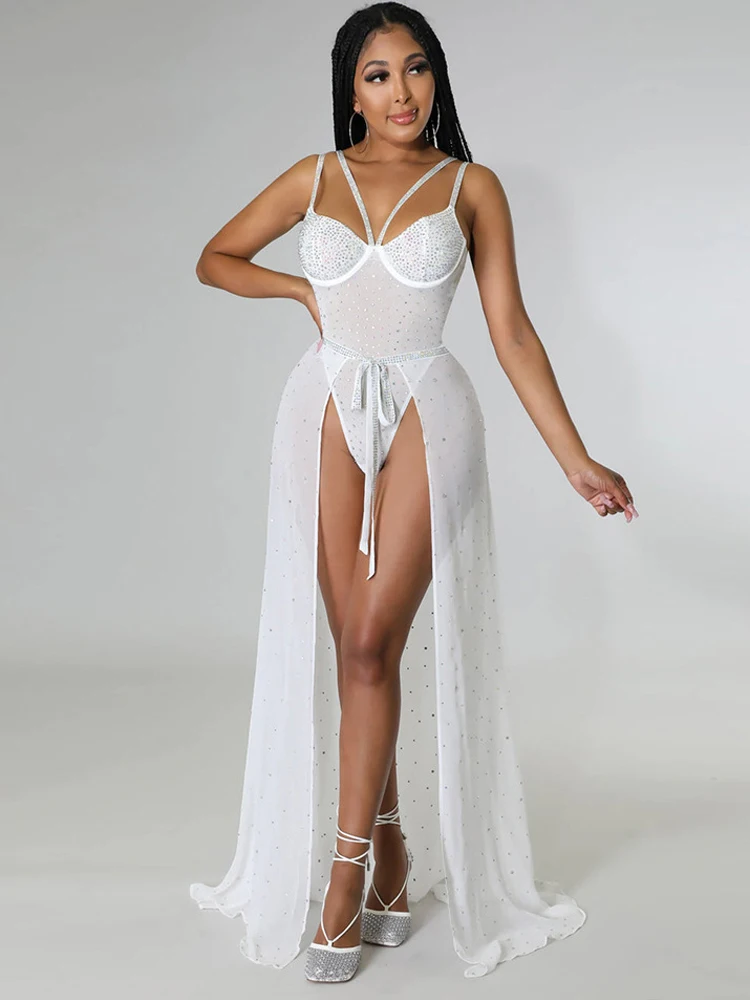 Sexy Women Bohemian White Perspective Bodycon Italian Noodle Strap Long Dress Elastic High Waist Party Beach Wedding Dress