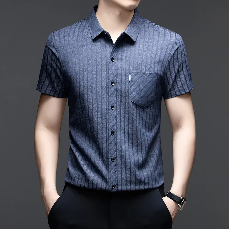 

Mens Formal Stripe Short Sleeve Shirt Formal Casual Button Down Collar With Chest Pocket Comfortable Fabric For Work All Seasons