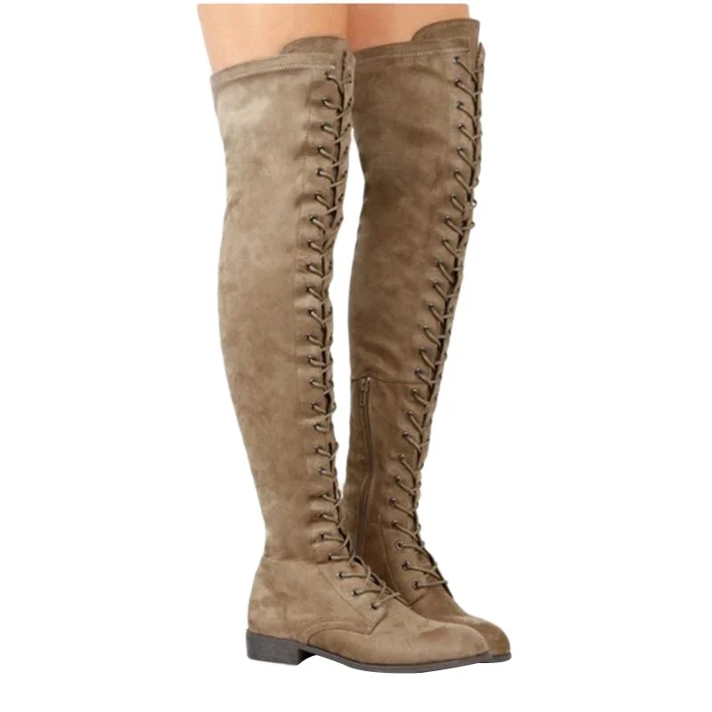 Botas de cuero de gamuza con correa cruzada para mujer, botas hasta la rodilla, botas de plataforma de suela gruesa, botas por encima de la rodilla, moda de otoño e invierno